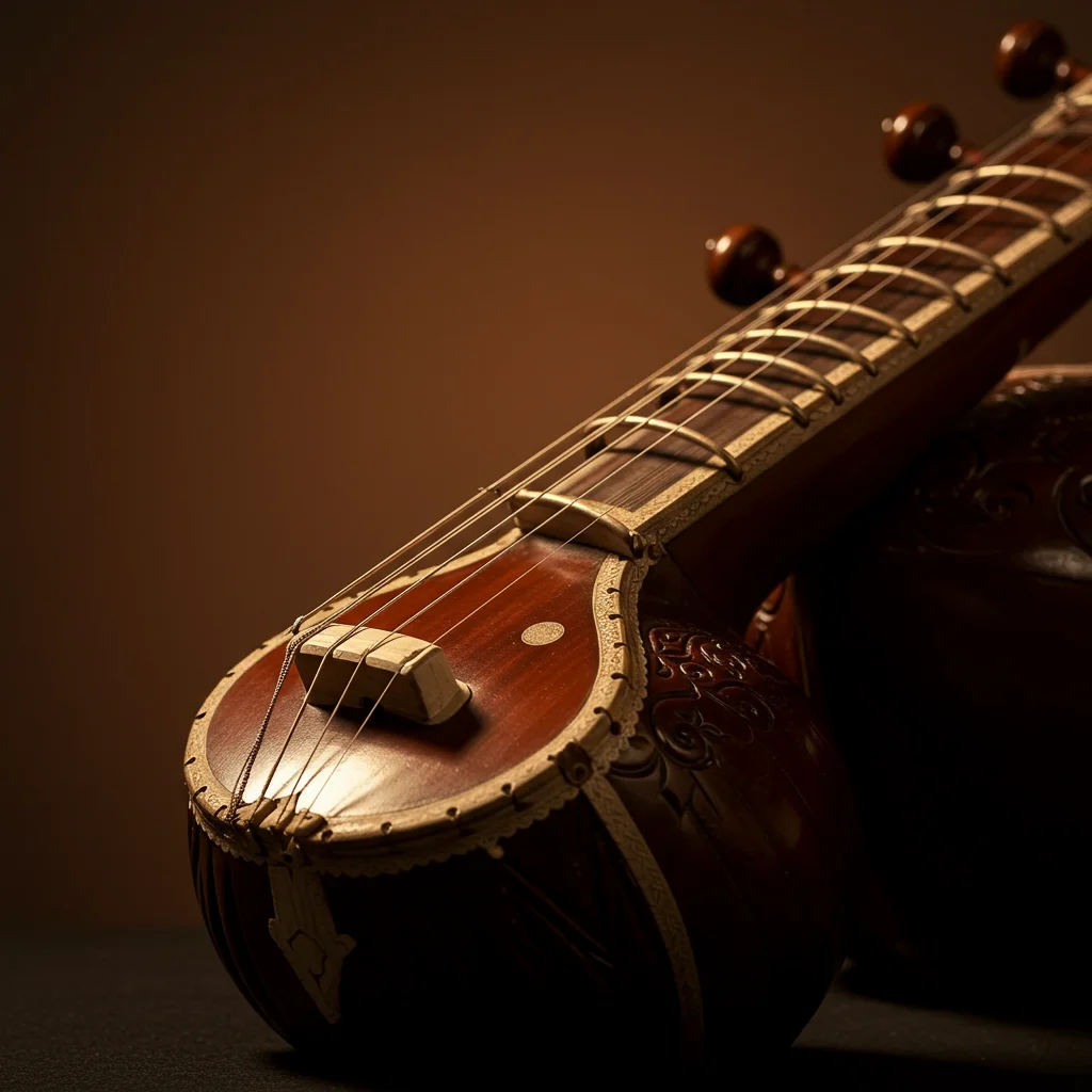 A photorealistic image depicting a tanpura, a key tool for ear training for ragas and identifying notes and melodies instinctively.