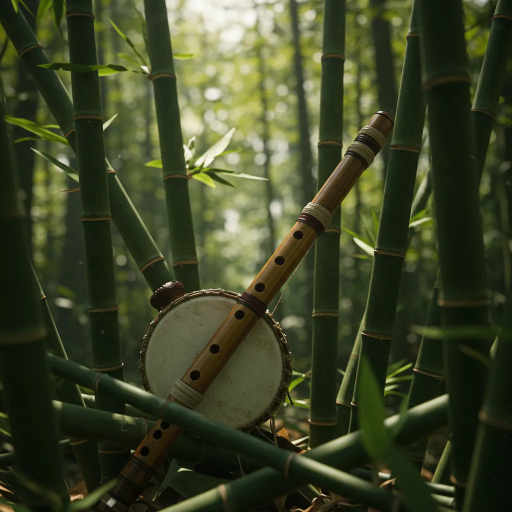 A cinematic image depicting the bansuri flute's journey from folk tunes to film scores in Bollywood.
