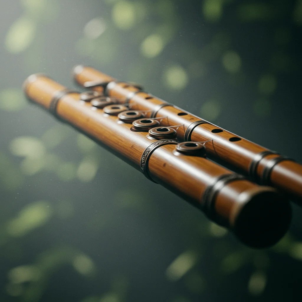 A cinematic close-up of a Bansuri flute, highlighting its intricate details; Meend & "Gamak": The Secrets to the Soulful Bends and Ornaments of the Bansuri.