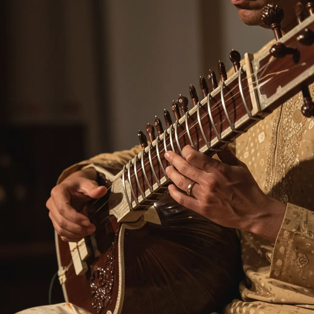 A photorealistic image depicting the art of the 'alap', showcasing a musician's hands playing a sitar with emotional expression.