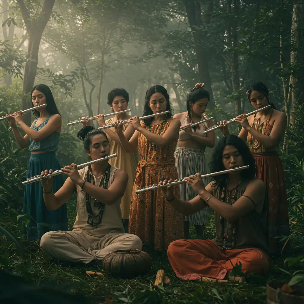 A diverse group of people playing various flutes, illustrating The Cultural Significance of the Flute in Different Societies.