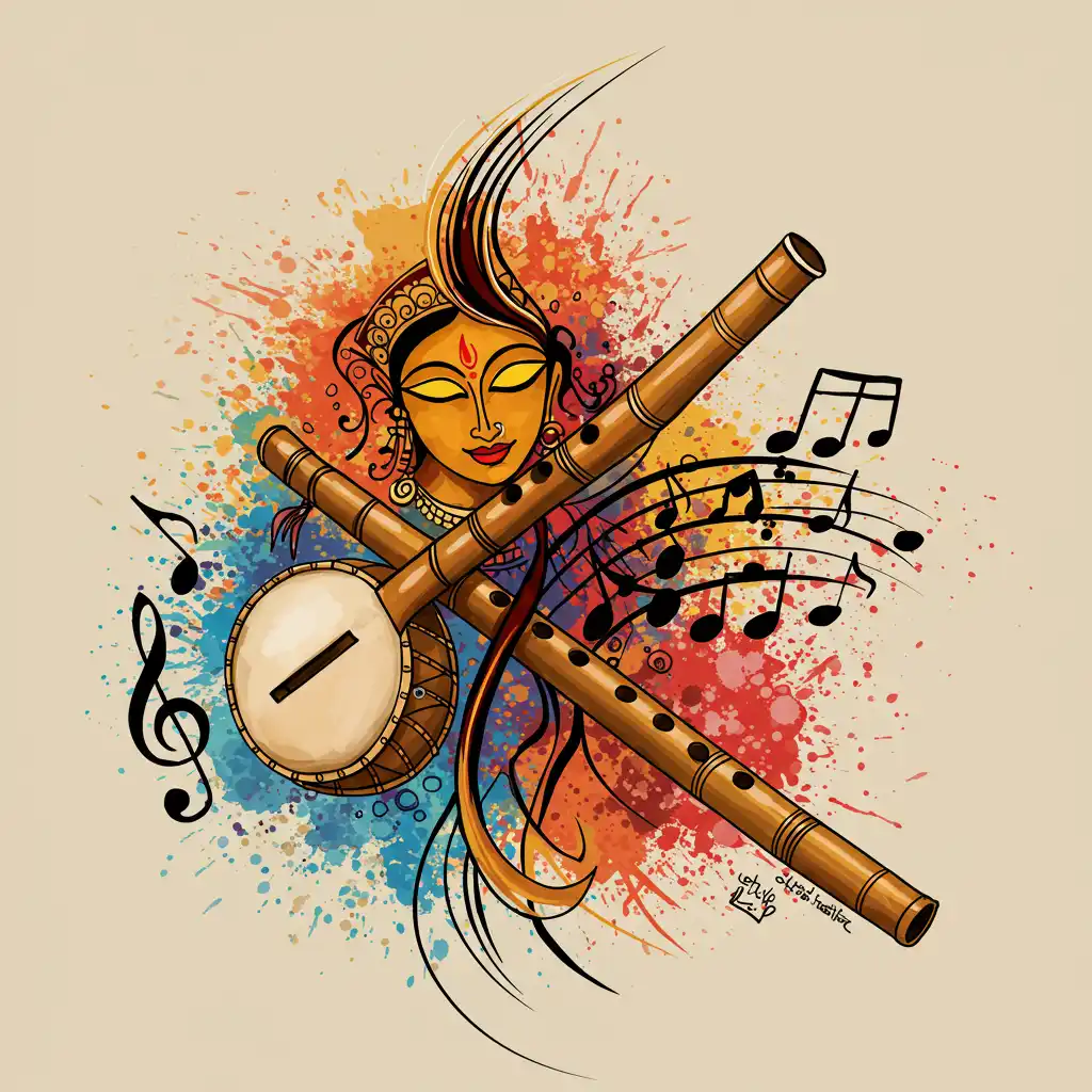 An abstract image depicting the fusion of Indian bansuri flute and jazz music; The Flutes (Bansuri) in Jazz Music: A Brief History.