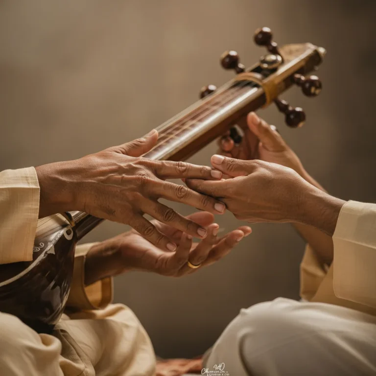 A photorealistic image depicting the Guru-Shishya Parampara: The Sacred Student-Teacher Bond in Indian Music.