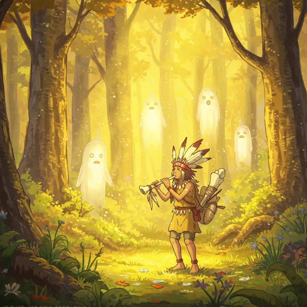 Shaman playing bone flute in healing ritual.
